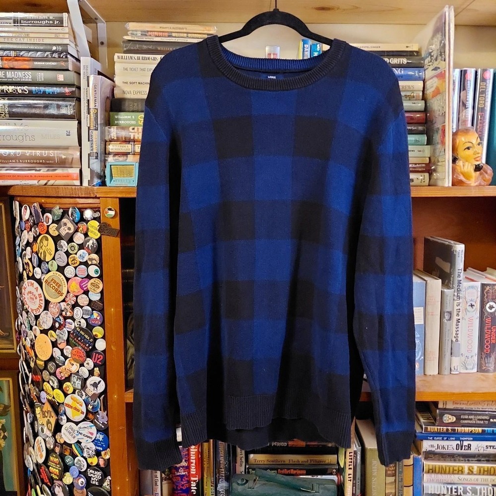 American Rag Vintage Blue Black Plaid Cotton Knit Crewneck Sweater Large